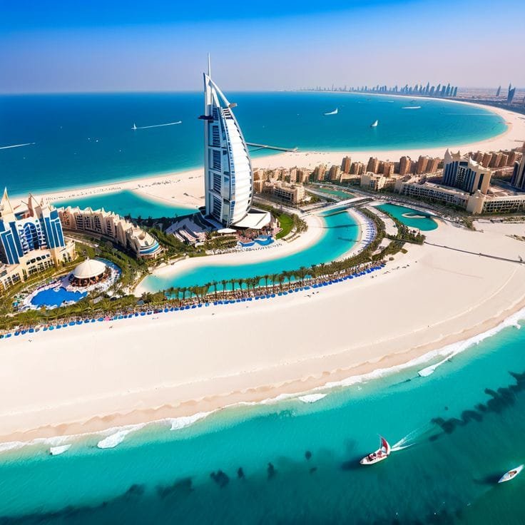 Aerial view of Burj Al Arab beside Jumeirah Beach in Dubai