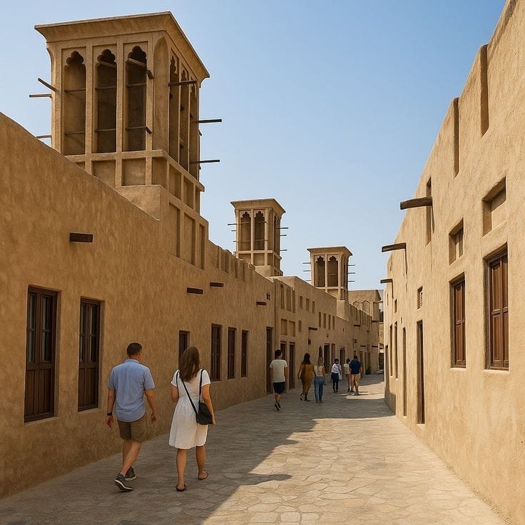 Visitors walking a narrow lane in Al Fahidi historical district, the first stop on the old Dubai city tour