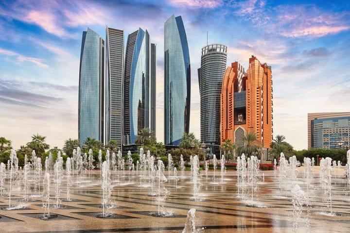 Etihad Towers above the fountains on the Abu Dhabi Corniche