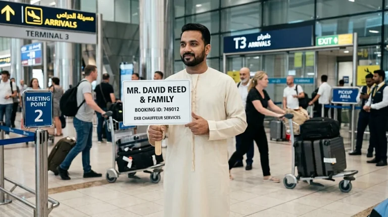 Driver holding a guest name board at Dubai airport arrivals meeting point