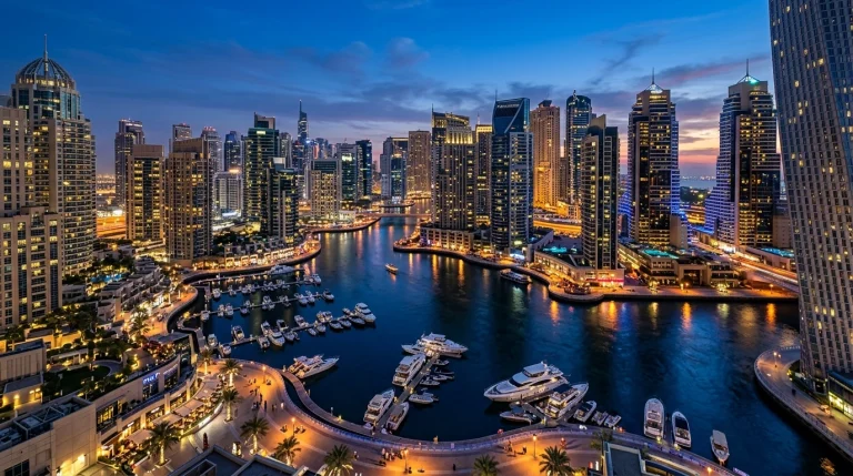 Dubai Marina towers and yachts illuminated in the evening