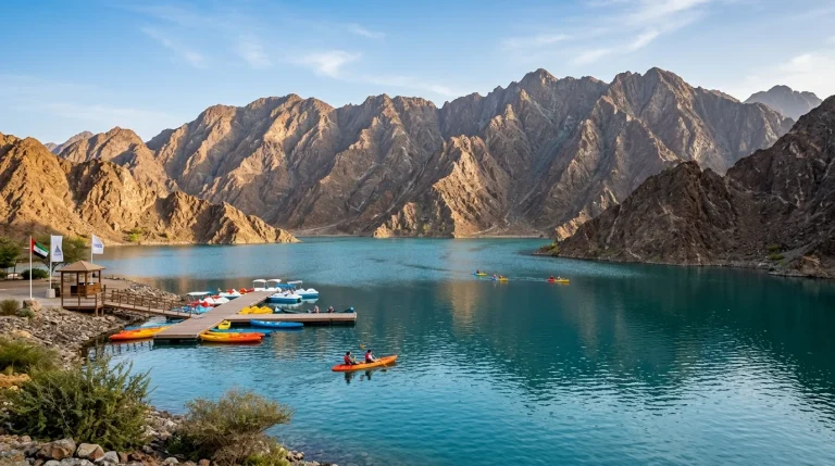 Hatta Dam turquoise lake with kayak dock surrounded by Hajar Mountains