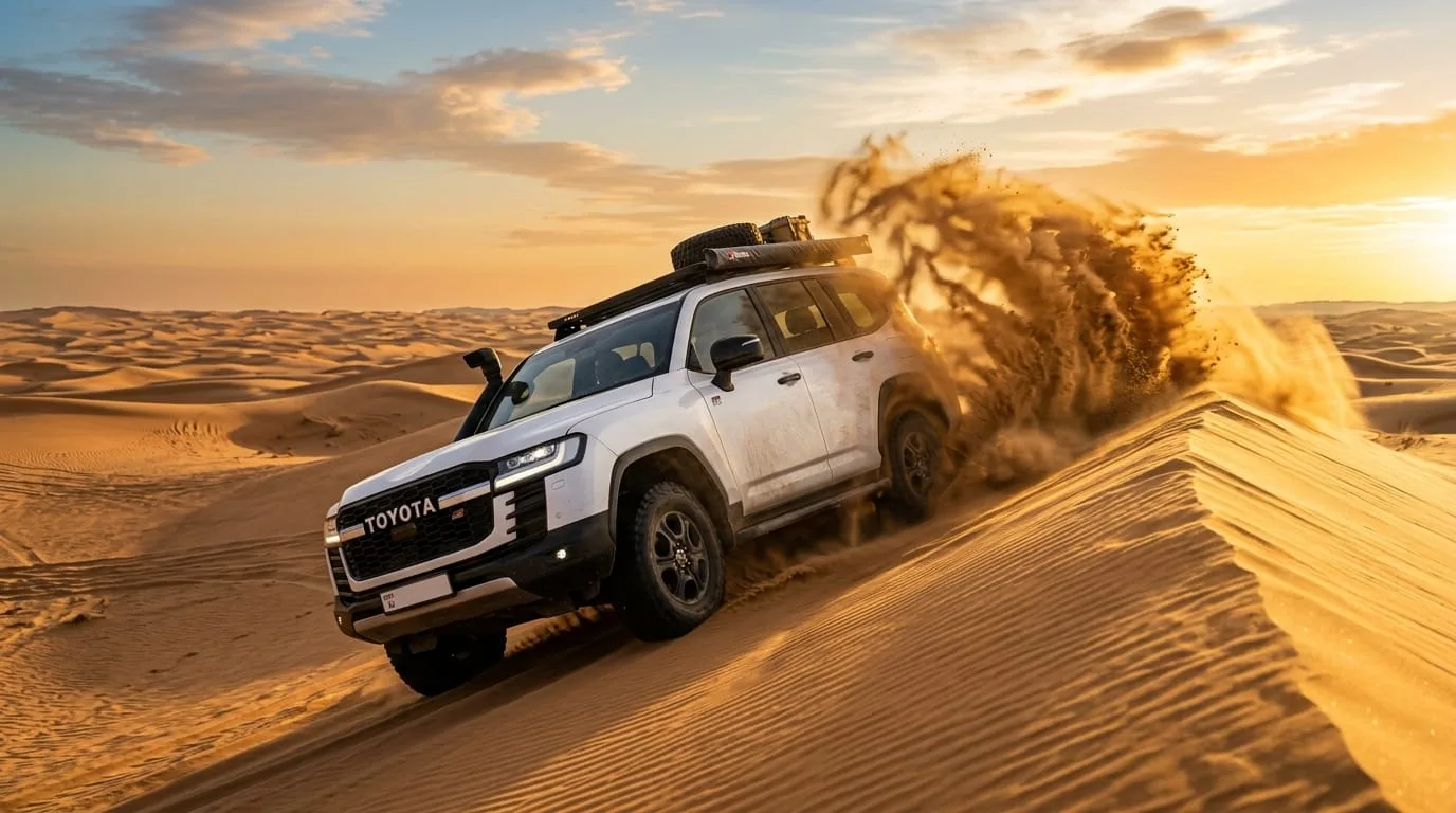 Toyota Land Cruiser dune bashing at sunrise on a morning desert safari Abu Dhabi