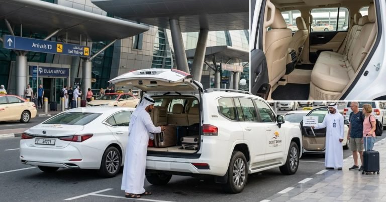 Driver loading luggage into a vehicle at Dubai International airport