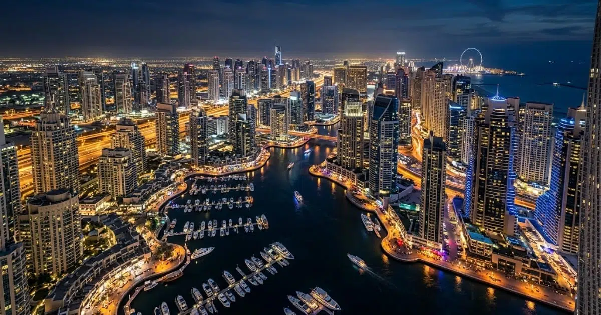 Dubai at night on a layover tour from DXB airport