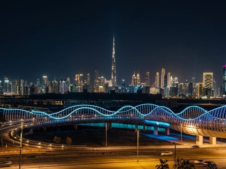 Dubai skyline at night with the illuminated Water Canal bridge and Burj Khalifa