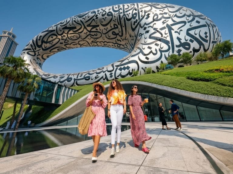 Guests walking out of the Museum of the Future entrance in Dubai