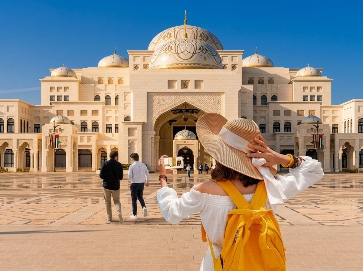 Guest photographing the white and gold front of Qasr Al Watan presidential palace in Abu Dhabi