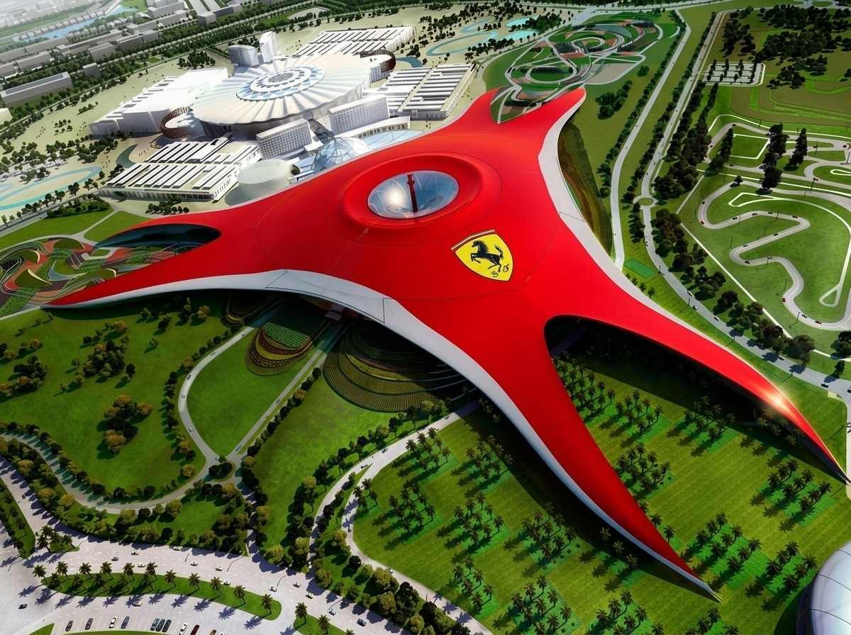 Aerial view of the red Ferrari World roof on Yas Island, Abu Dhabi